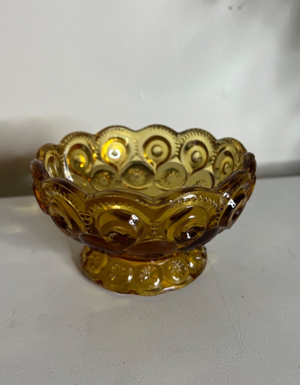 Vintage LE Smith MOON and STARS Amber Glass Compote, Candy, Relish Dish / Bowl